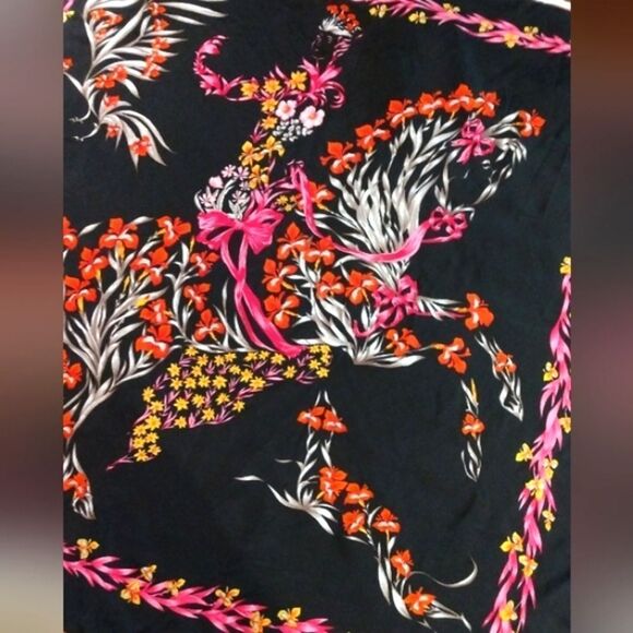 Vintage Floral Black & Pink Silk Scarf Horse Flowers Cheval Fleuri Foulard - Picture 10 of 16